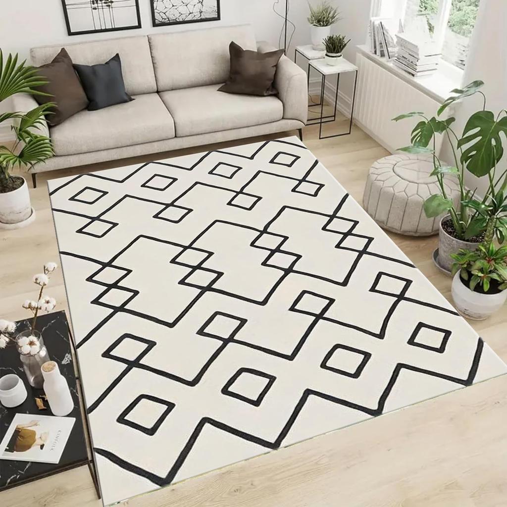 Moroccan Black and White Area Rug Moroccan Farmhouse Area Rug Soft Non-Skid Machine Washable Living Room Carpet