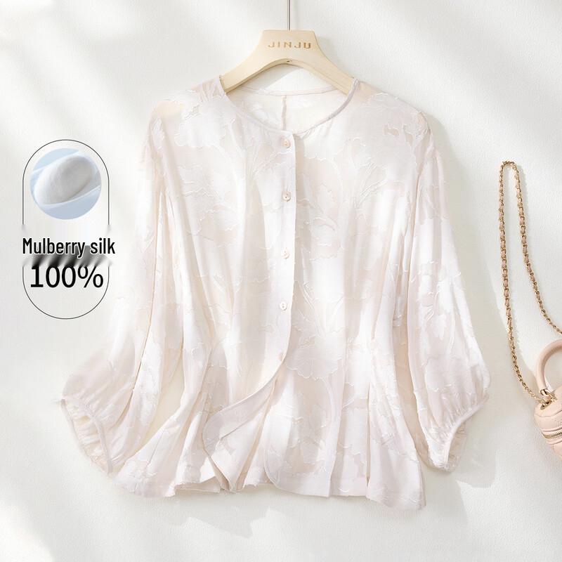 Elegant Floral Jacquard Mulberry Silk Round Neck Top