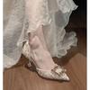 New Summer Crystal Buckle High Heels Women's Folded Pink Silk High Heels Water Diamond Wedding Shoes