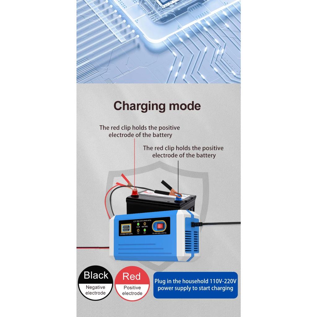 Batterieladegerät 10-Amp 12V & 24V Vollautomatisches Smart-Autobatterieladegerät mit Batterieerhalter, Erhaltungsladegerät und Batterie D