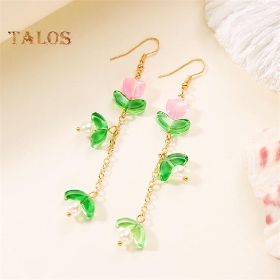 1 Pair Women Hook Earrings Faux Pearl Tulip Shape Long Tassel Alloy Electroplated Ear Jewelry Lady Prom Cocktail Party Dangle Earrings Hanging