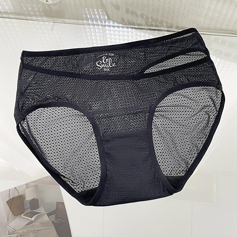 

Женские сексуальные кружевные хлопковые трусики с полупрозрачной сеткой и низкой посадкой M чёрный