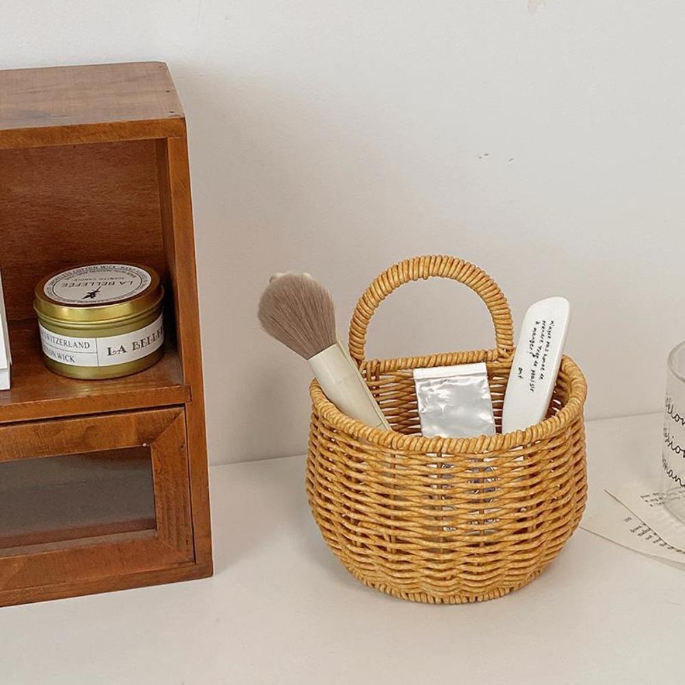 Handwoven Rattan Wall Hanging Basket - Wicker Storage Organizer for Kitchen, Bathroom & Home, Hanging Fruit Basket with Handle