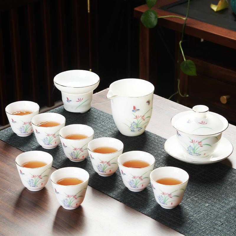 Company event business gifts, printed mutton fat jade porcelain Kung Fu tea set set, home gift gift