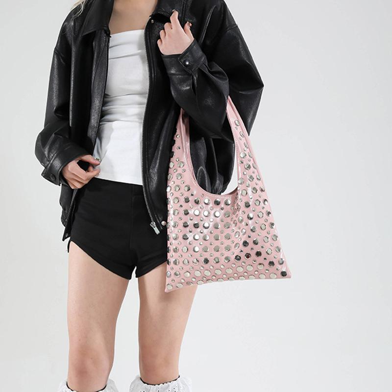 Summer Rivet Shoulder Bag Brand Fashion High-end PU Leather Versatile Solid Color Commuter Totes Women Bucket Underarm Bag