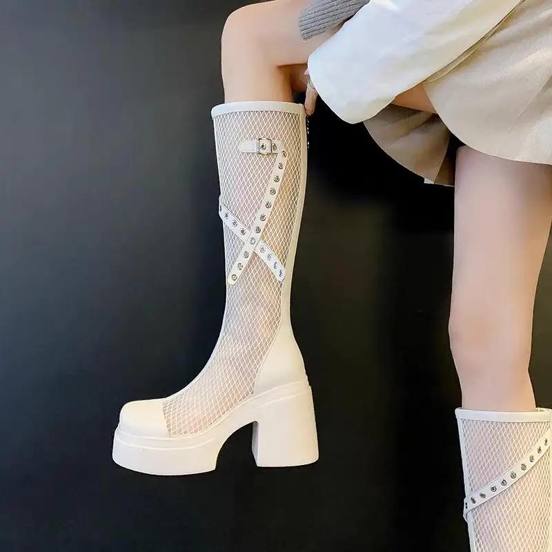Mesh Breathable Knee Summer Boots Women Square Toe Chunky Platform Belt Buckle Decoration Boots Sexy High Heel Shoes