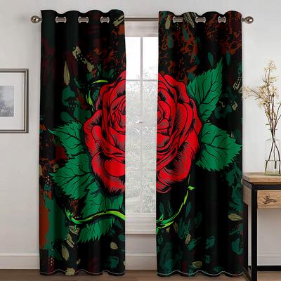 Lyxiga Romantiska Röda Rosblommor Flicka Billiga Fönstergardiner Draperier för Barn Sovrum Vardagsrum Kök Dörr Heminredning 2 Delar