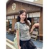 American retro contrasting color crew neck striped front shoulder short-sleeved t-shirt women's summer undershirt slim-fitting top