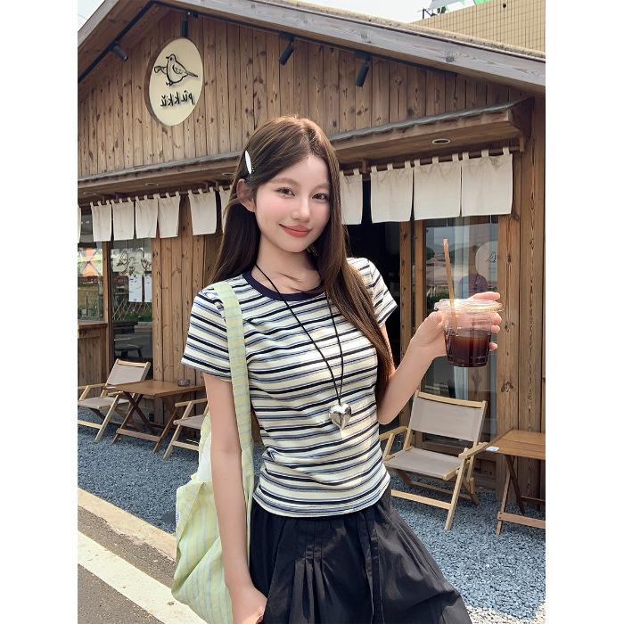 American retro contrasting color crew neck striped front shoulder short-sleeved t-shirt women's summer undershirt slim-fitting top