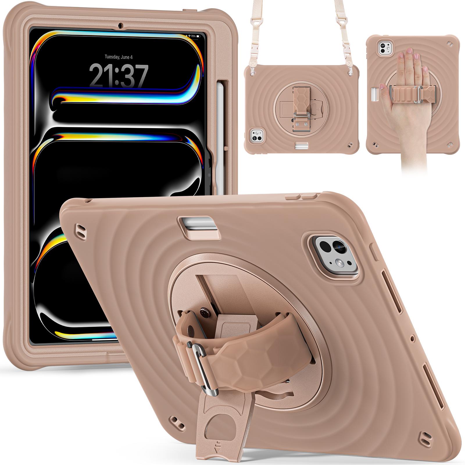 

For iPad Pro 11 (2024) Case Kickstand Silicone Hand Strap Tablet Cover with Shoulder Strap Latte Color