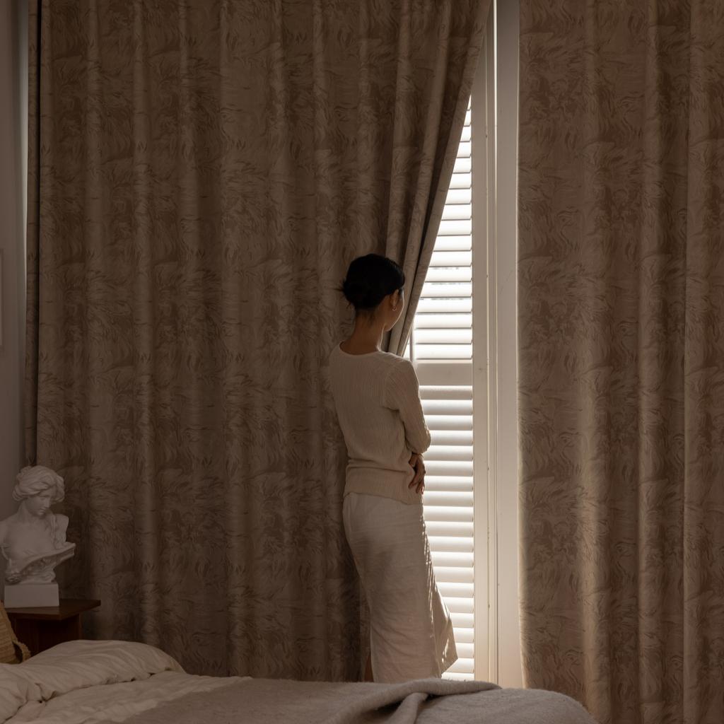 French Scandinavian Style Printed Bedroom Hooks, Perforated Curtains, Full Blackout Sun Protection Cloth