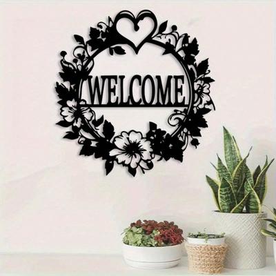 Romantic Heart Wreath Welcome Plaque Metal Wall Art Gift for Home Wedding