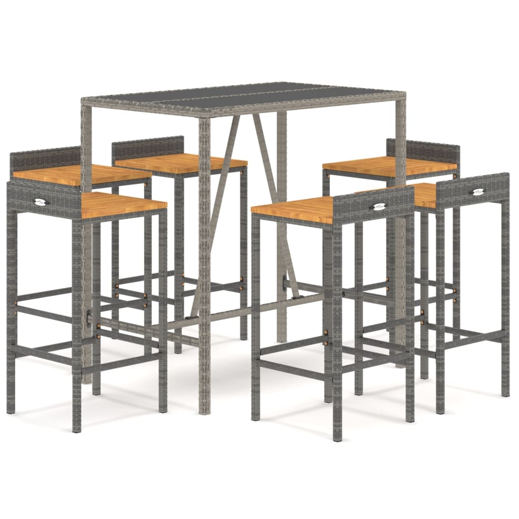 7 Piece Garden Bar Set Grey Poly Rattan & Solid Acacia Wood