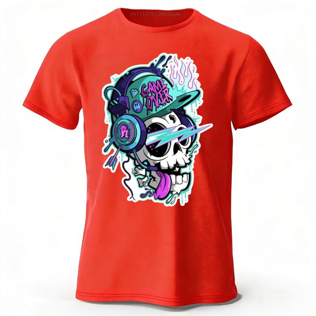 Hip-hop Rock Style Skull Print Cotton Short Sleeves Men Loose Oversized T-shirt Tops