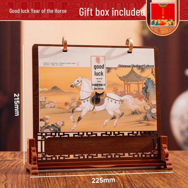Luxus Holz Schreibtischkalender Geschenkset: Anpassbares Jahr des Pferdes 2026 mit Logo für Kunden
