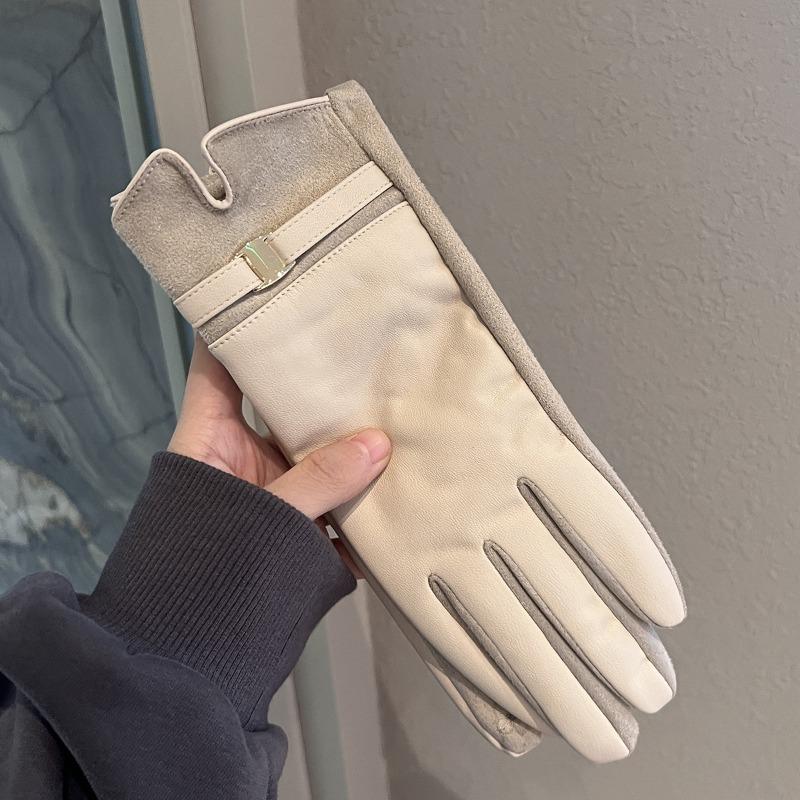 Leather Gloves Winter Women's Velvet Thickened Warm Windproof Cold Outdoor Riding Electric Car Can Be Five Fingers Tide