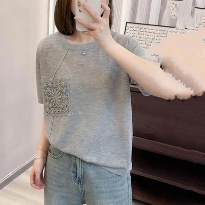 Graues Rundhals-Kurzarm-Spitzen-Patchwork-T-Shirt für Damen Freizeitkleidung