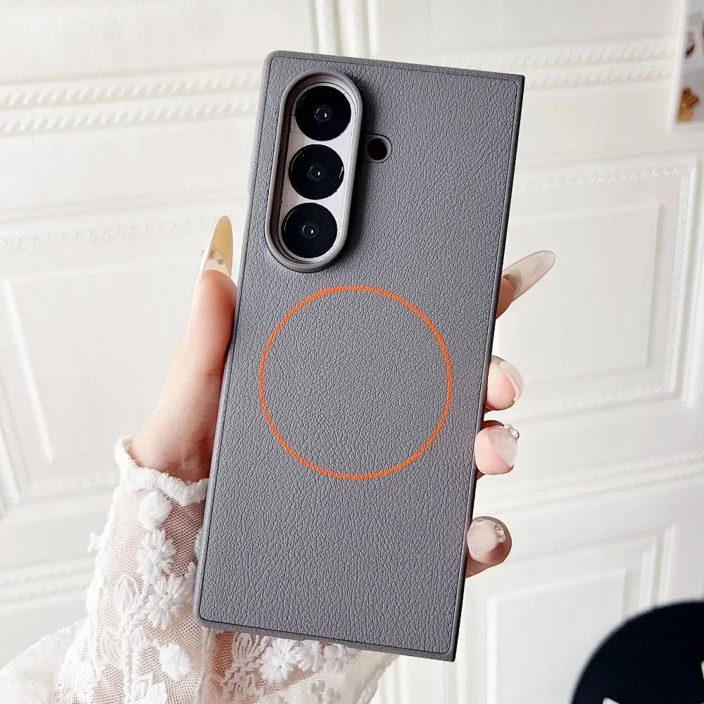 Samsung Galaxy Z Fold 7 6 5 Fine Ring Magnetic Wireless Charging Protect Cover Minimalist Leather Foldable Screen Phone Case