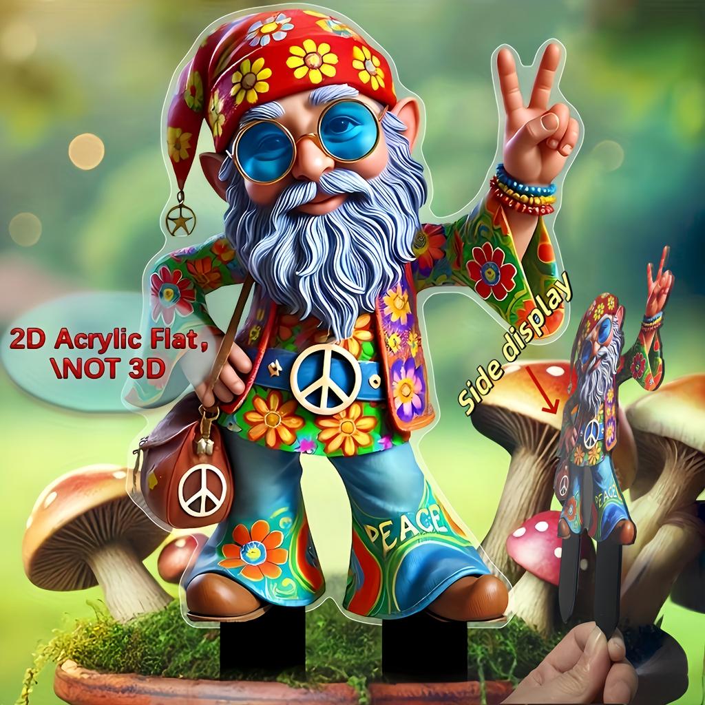 Acryl flaches 2D dekoratives Gartenschild im Hippie-Stil mit Zwerg, Außendekoration, geeignet für Gärten, Topfpflanzen, Rasenflächen und Hinterhof-Terrassen