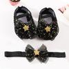 Wwo-piece Set Baby Girls Glitter Star Tulle Bow Crib Shoes & Matching Elastic Headband Set, Soft Dot Anti-Slip Sole Mary Jane Princess Shoes