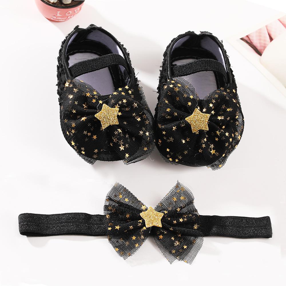 Wwo-piece Set Baby Girls Glitter Star Tulle Bow Crib Shoes & Matching Elastic Headband Set, Soft Dot Anti-Slip Sole Mary Jane Princess Shoes