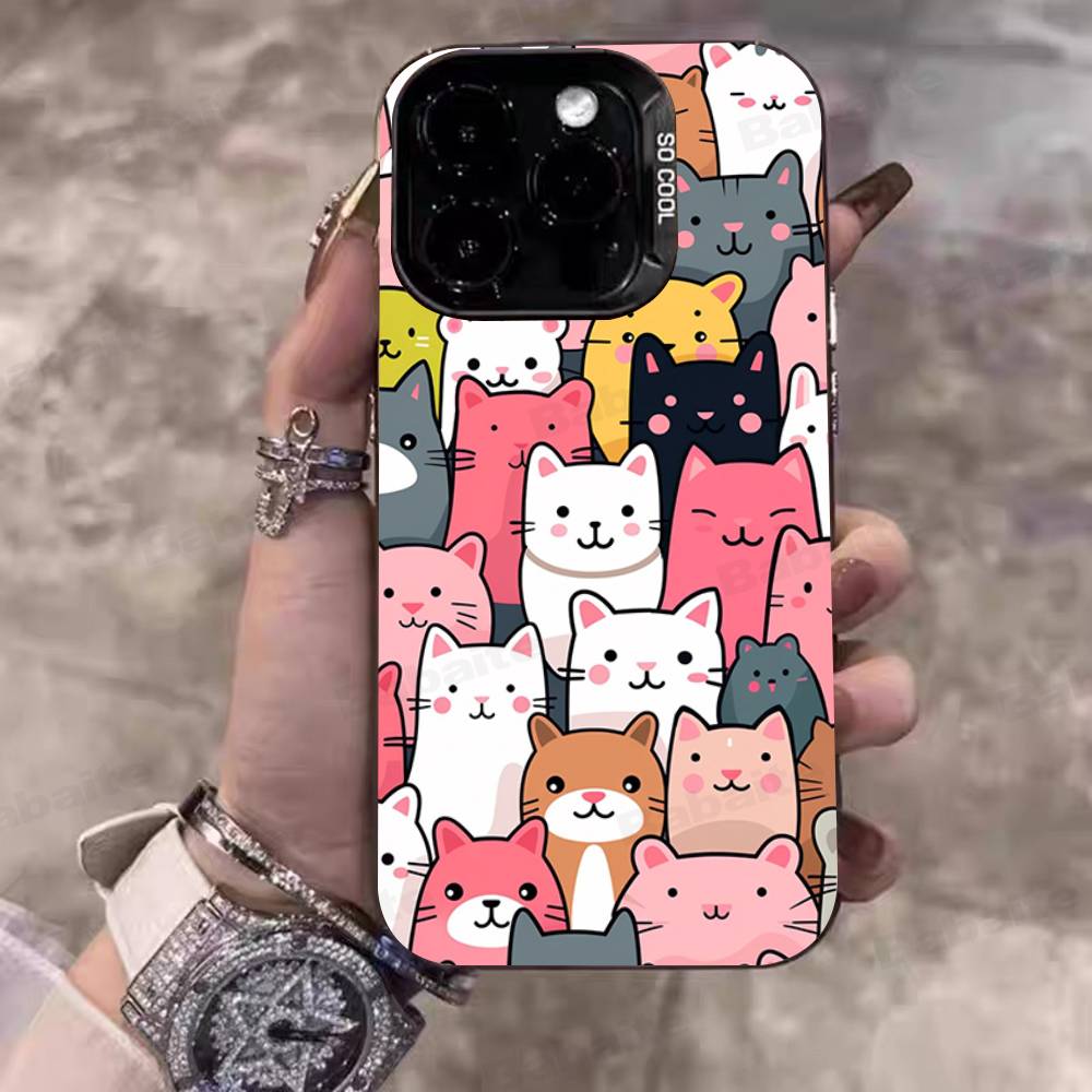Cartoon Cute Cats Background Phone Case For IPhone 17 16 15 14 11 12 13 Pro Max Pro Plus Colored Silver Cover