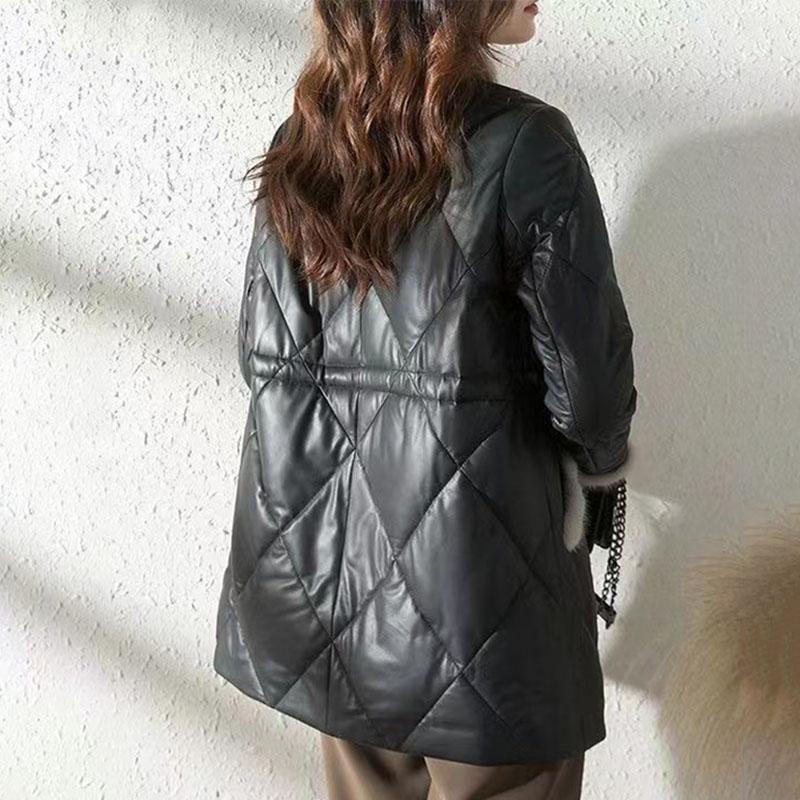 Winter Women's Thickened  Padded Jacket Stand Collar Slim Fit Padded PU Leather Coat