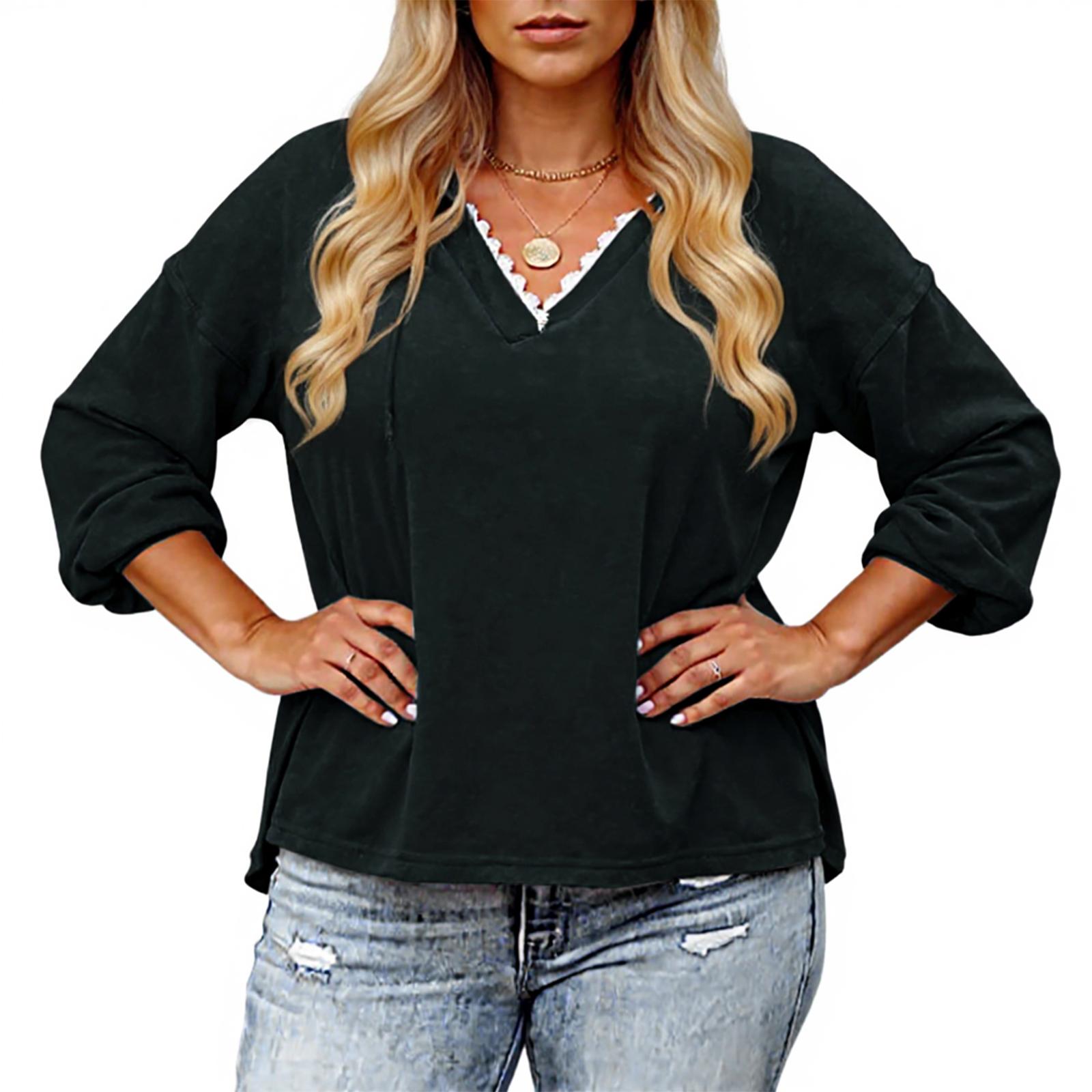 

Ladies Loose Comfortable Casual And Fashionable V-tie Hat With Lace Long Sleeved Solid Color Plus Size Hoodie XL