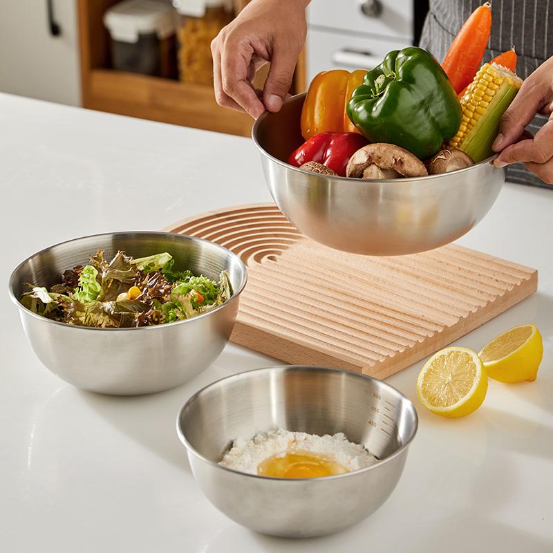 Salad Basin Kitchen Household Cooking Stainless Steel and Dough Kneading Basin Egg Mixing Baking Basin Straight Edge Graduated Basin