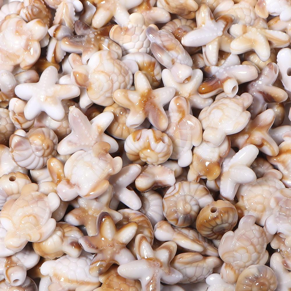 50pcs/lot Ocean Animal Acrylic Beads Turtle Starfish Conch Beads Beige Loose Beads For Jewelry Making DIY Bracelet Accessories
