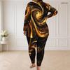 Women Plus Size Pants Set Round Neck Long Sleeve Black Teal Gold Printed Longline Top Fitted Pants