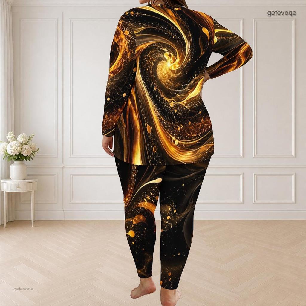 Women Plus Size Pants Set Round Neck Long Sleeve Black Teal Gold Printed Longline Top Fitted Pants