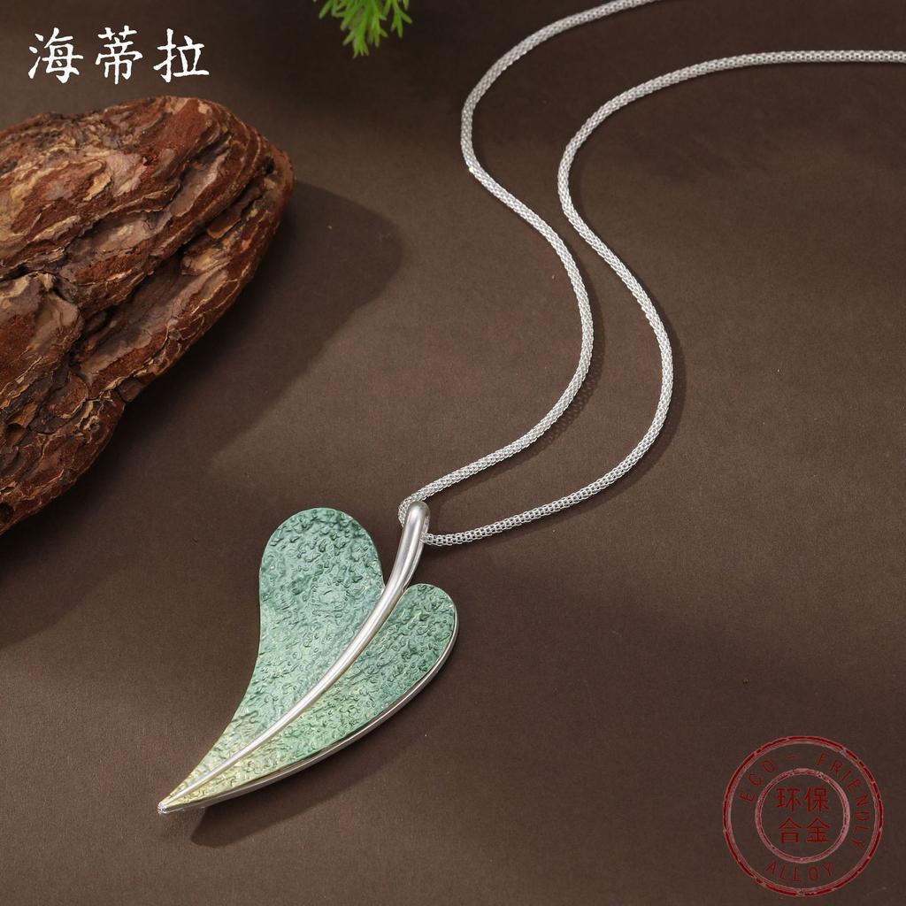 New enamel color gradual change green leaves long pendant women's simple senior He love leaf necklace