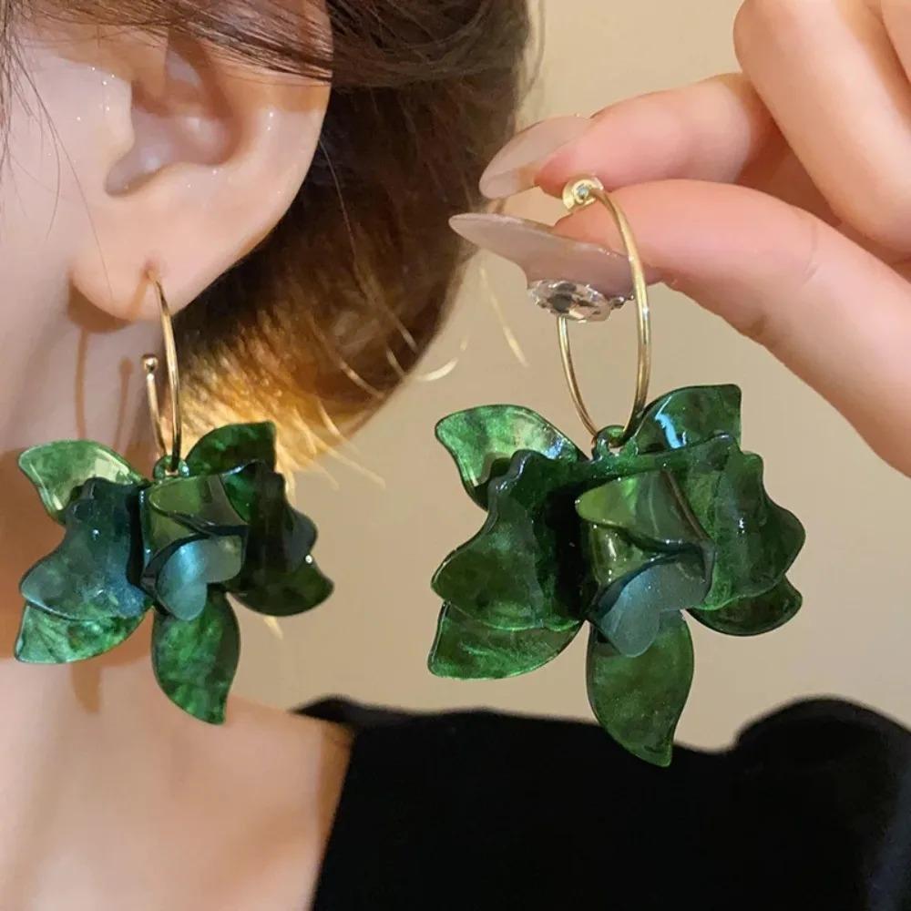 Women Resin Flower Hoop Earrings, Fairycore Temperament Ear Hook, Artistic Light Luxury Daily Jewelry