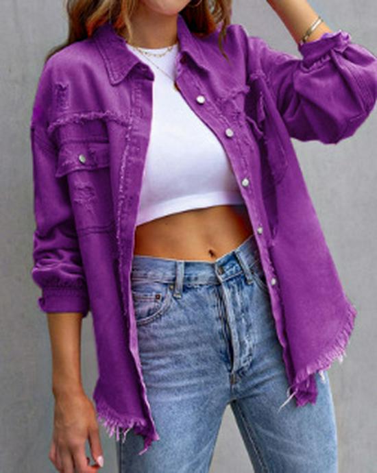 Women's 2025 European & American Solid Color Ripped Denim Jacket - Loose Fit, Long Sleeve