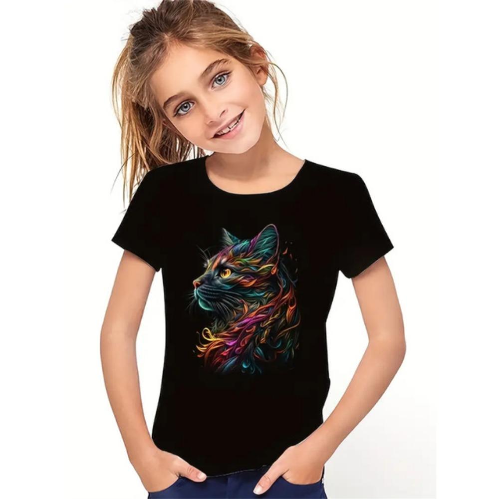 2025 Funny Animal Cat 3d Print Girls' T-Shirts Party Fashion Short Sleeved Tops Tee 2025 Casual T-Shirts Girls' Clothing