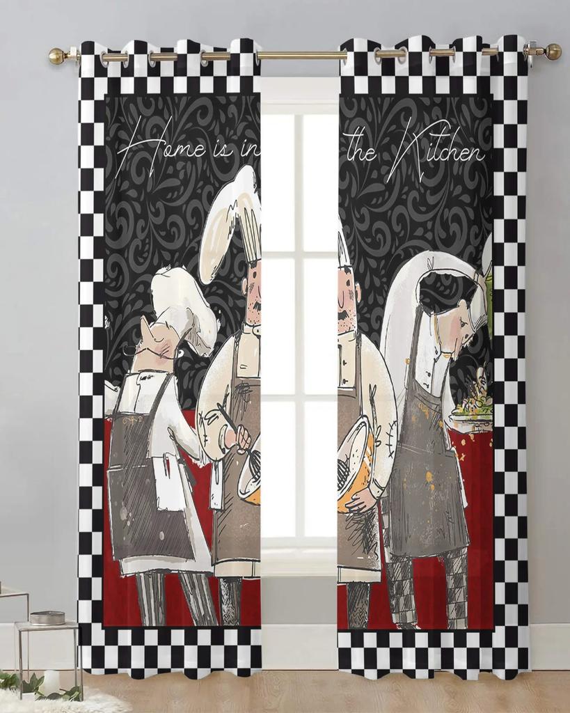 2Panels Chiffon Sheer Curtain Kitchen Curtain Kitchenware Chef Print Voile Tulle Cortinas for Kitchen LivingRoom Window Cortina