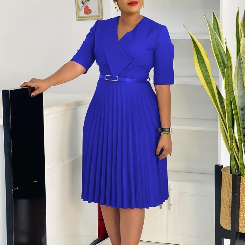 Women Plus Size V Neck Solid Color Short Sleeve High Waist Pleated A Line Dress