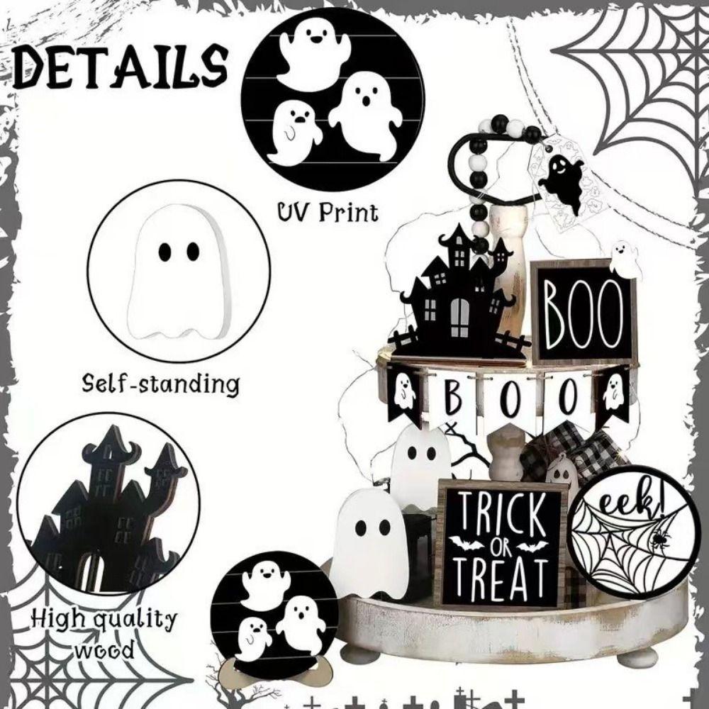 13pcs Pumpkin Cute Ghost Tray Decor Wooden Signs Ornaments Halloween Desk Decoration  Tabletop