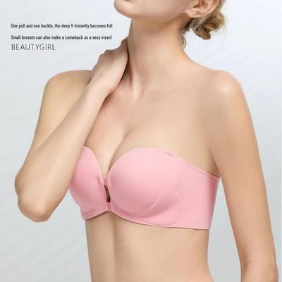 Strapless Push-Up Bandeau Bra with Front Buckle – Enhances Small Busts, Invisible Anti-Slip Design, Beautiful Back Support