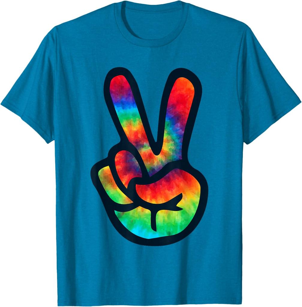 Tie Dye Peace Sign Hippie V Hand Graphic Short Sleeve Cotton Crew Neck TShirt