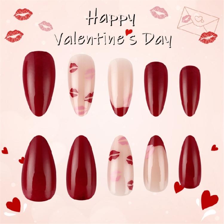 24 Pcs Valentines Day Press On Nail French Tip False Nail Almond Full Cover Stick on Nail Lip Print Acrylic Nail