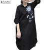 ZANZEA Women Casual Turn Down Collar 3/4 Sleeve Loose Embroidered Shirt Dress
