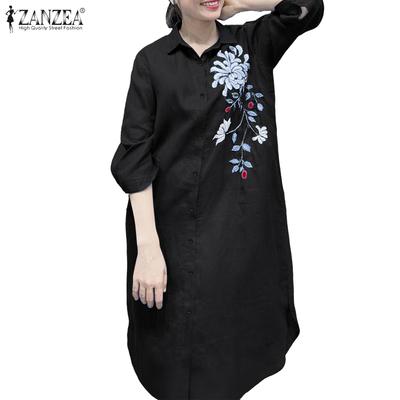 Vestido Camisero Casual para Mujer con Cuello Vuelto, Manga 3/4, Corte Holgado y Bordado