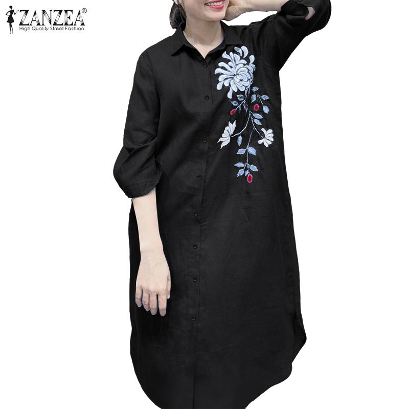 ZANZEA Women Casual Turn Down Collar 3/4 Sleeve Loose Embroidered Shirt Dress