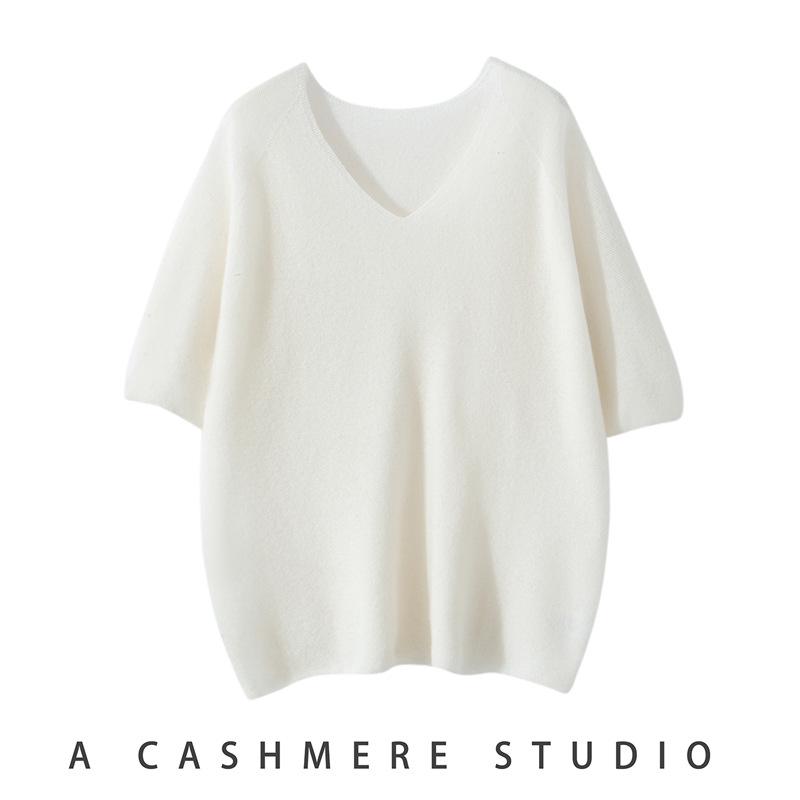 25 Early Autumn Women's V-neck Short Sleeve 100% Pure Cashmere Sweater with Gold Thread Dots - Chic and Versatile