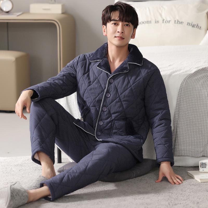 Pajamas Men'S Winter Three-Layer Thickened And Velvet Woven Pure Cotton Padded Autumn And Winter Mid-Dad Warm Loungewear