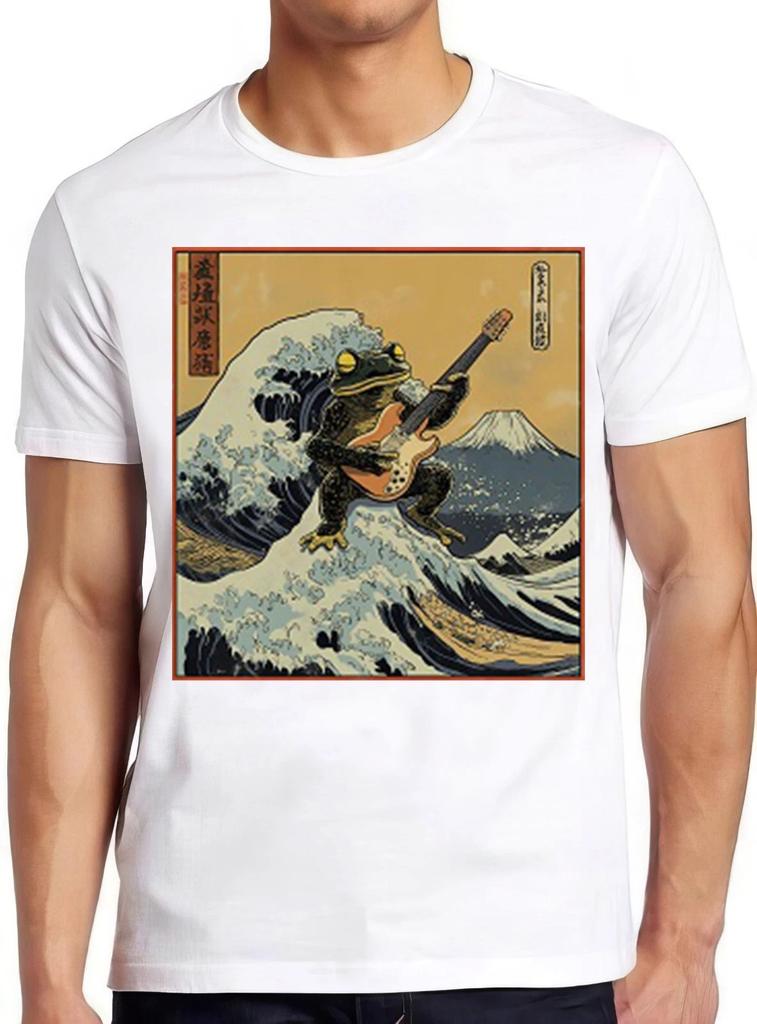 Japanese Toad Frog Playing Electric Guitar The Great Wave Gift Tee T Shirt 2256