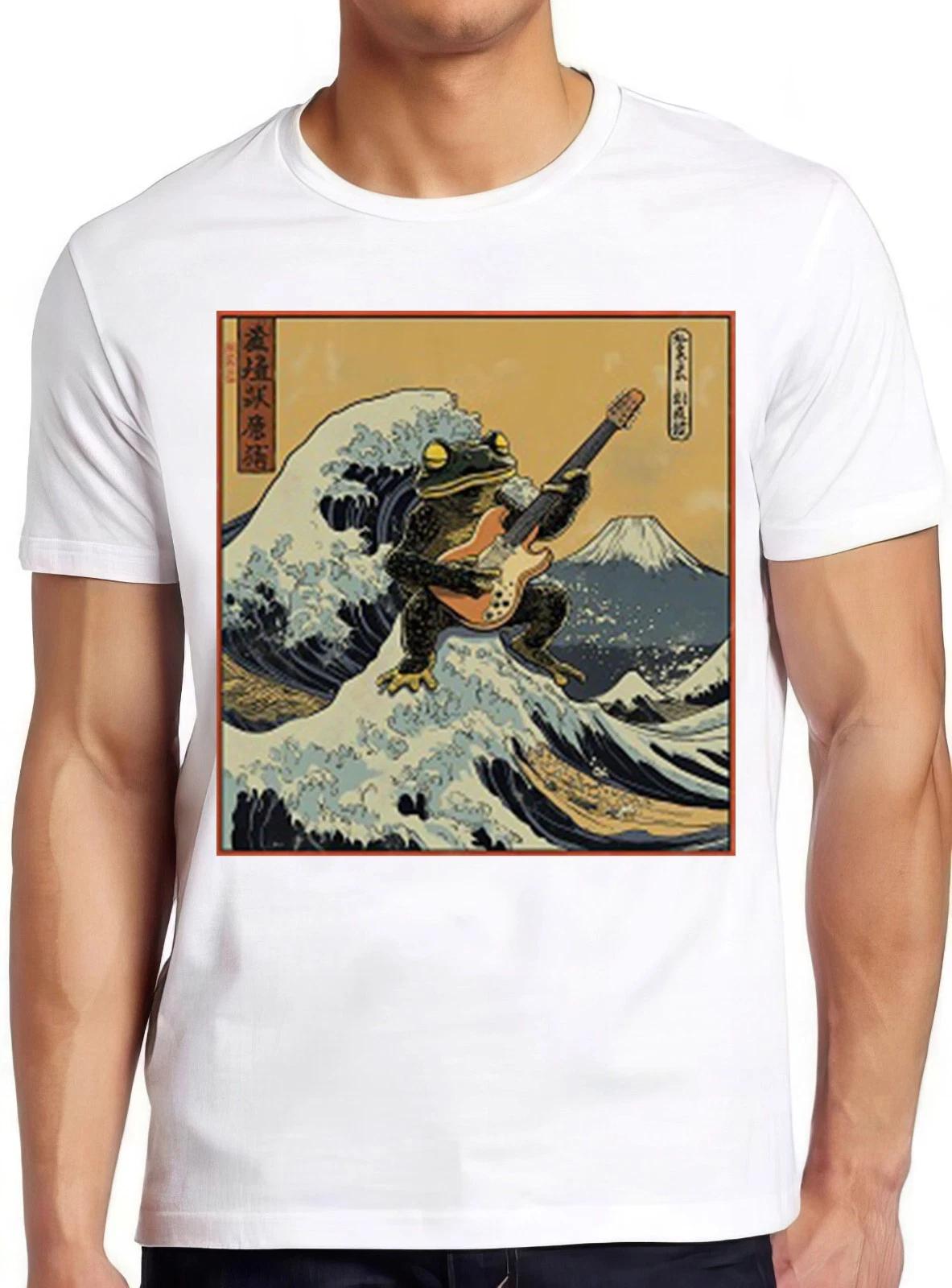 Japanese Toad Frog Playing Electric Guitar The Great Wave Gift Tee T Shirt 2256 L