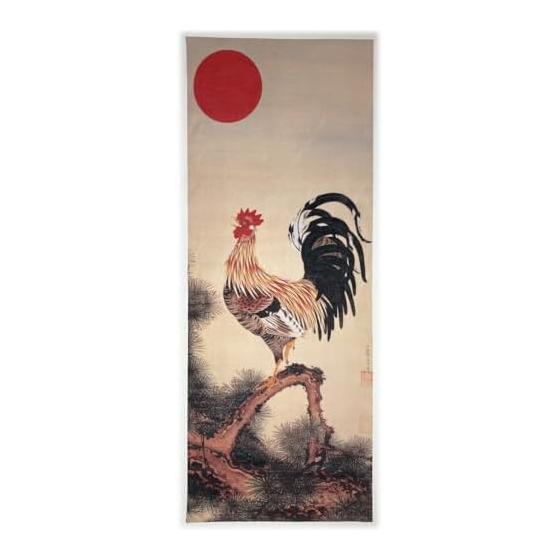 Ito Jakuchu "Rising Sun Rooster" Ukiyo-e Tenugui (Japanese Hand Towel) - Approx. 90x35cm, Made in Japan, 100% Cotton Tokka, Reactive Dye Nassen Print